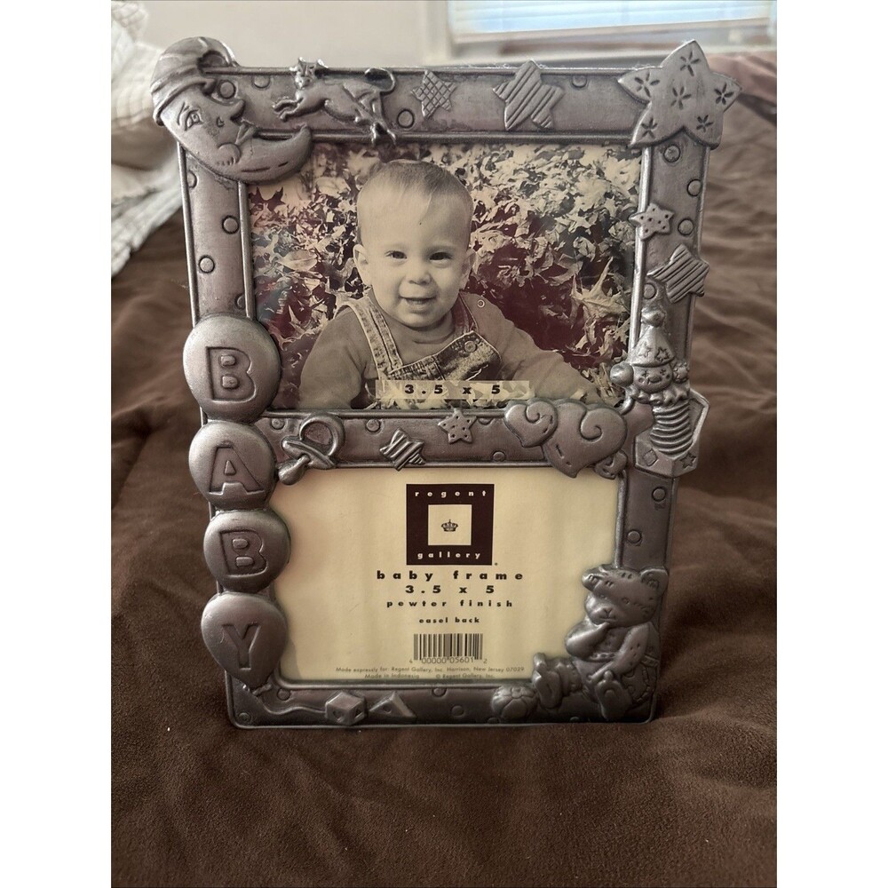 Vintage Regent Gallery Pewter Finish Double Baby Photo Frame 3.5x5 Teddy Bear